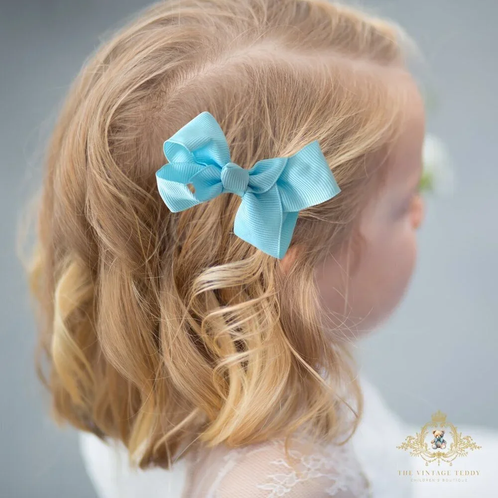 Set of 2 Pretty Girls Hair Bows Grosgrain Ribbon Clip Hair Accessories Baby Blue